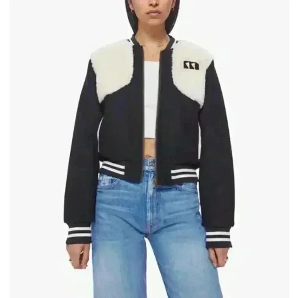 NWOT MOTHER The Vested Varsity Bomber Jacket Black Wool Blend Teddy Size Large